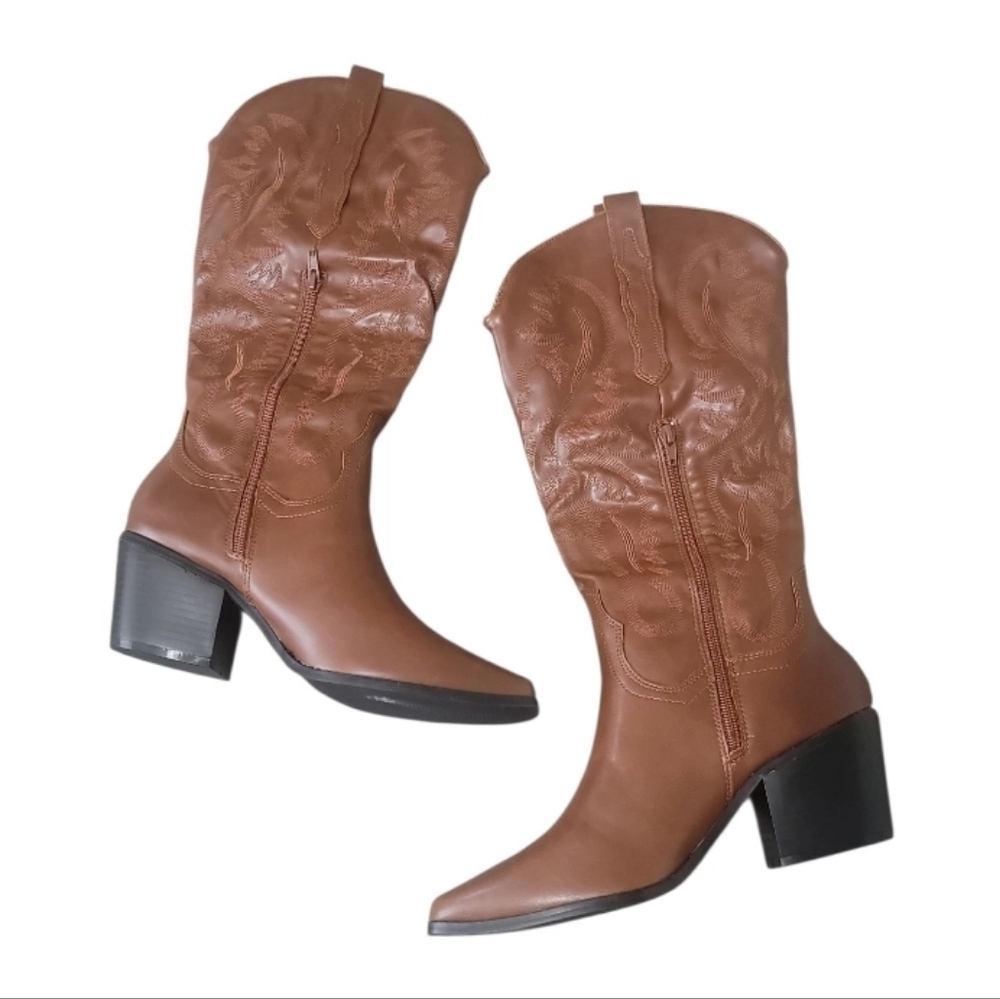 Cowboy Women Western Brown Faux Leather Boots Size 9 NWOT - Picture 2 of 6